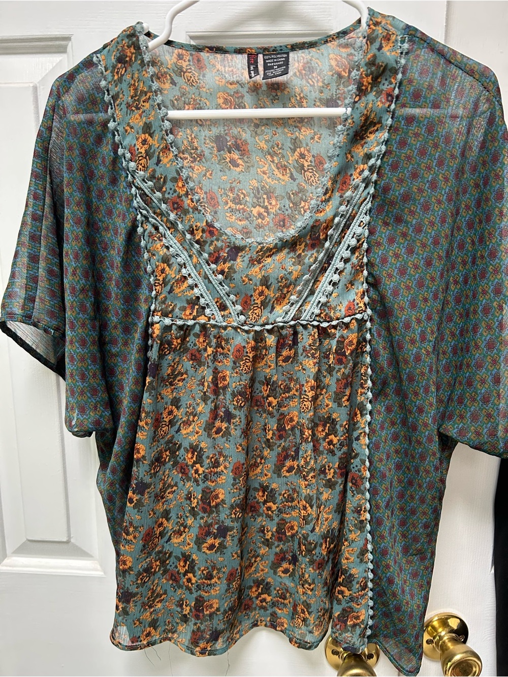 Fire Los Angeles Teal Floral Peasant Top with Rust Accents, semi sheer. Top only